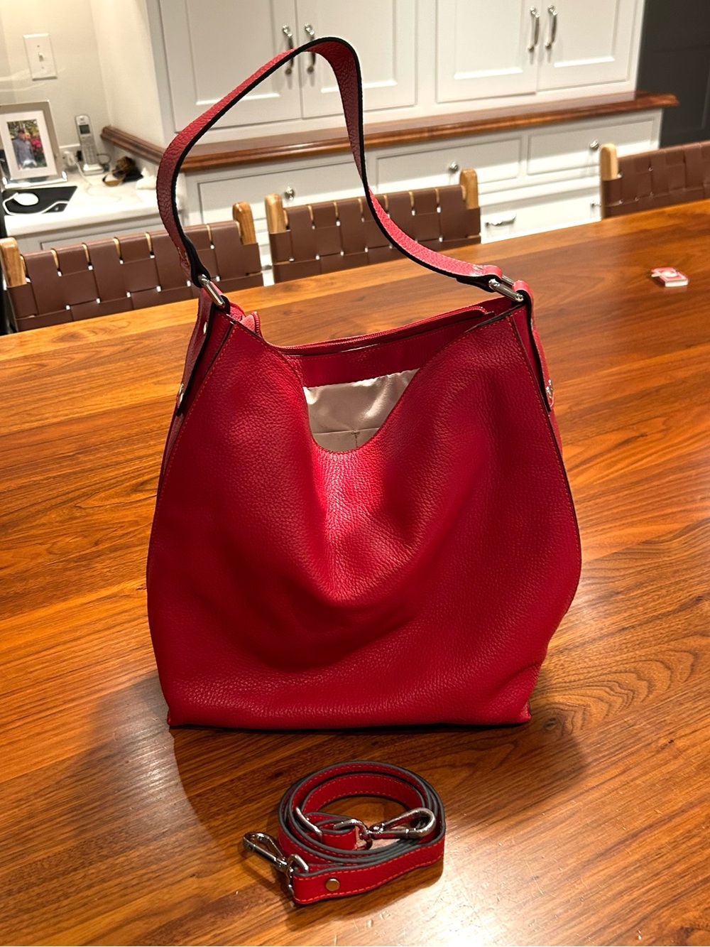 Del Conte Italian Red Pebbled Leather Hobo Bag